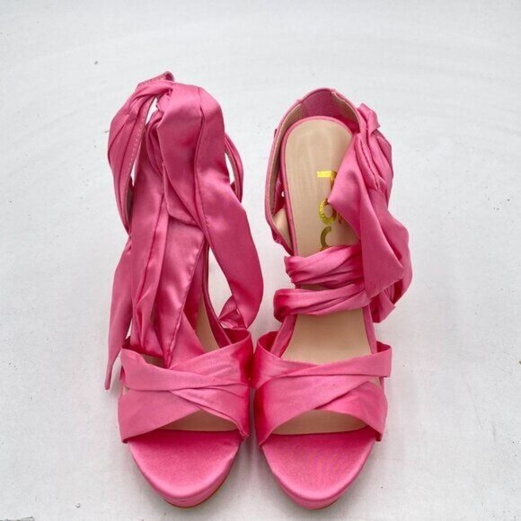 FSJ Women Cocktail Peep Toe Satin Lace Up Sandals Ankle Wrap Platform High Heels - Picture 3 of 8